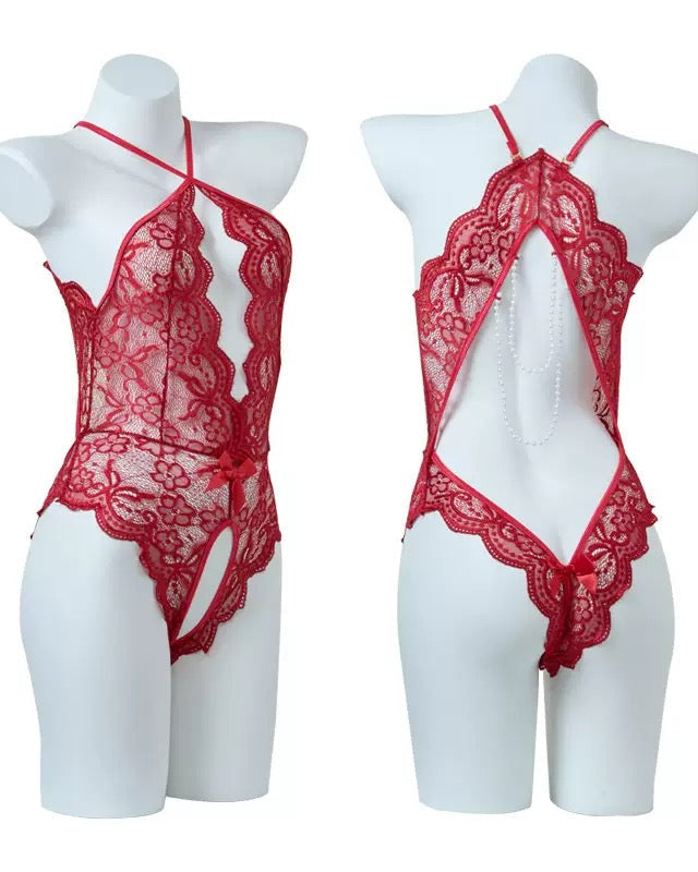 Lace Open Crotch Tights Pearl Backless Pajamas With Heart Decoration Leg Socks