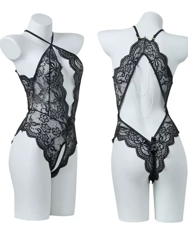 Lace Open Crotch Tights Pearl Backless Pajamas With Heart Decoration Leg Socks