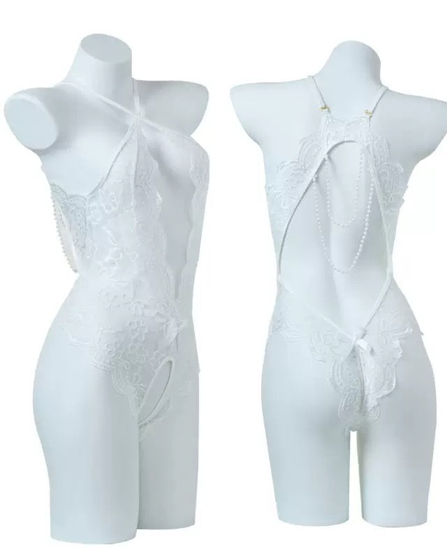 Lace Open Crotch Tights Pearl Backless Pajamas With Heart Decoration Leg Socks