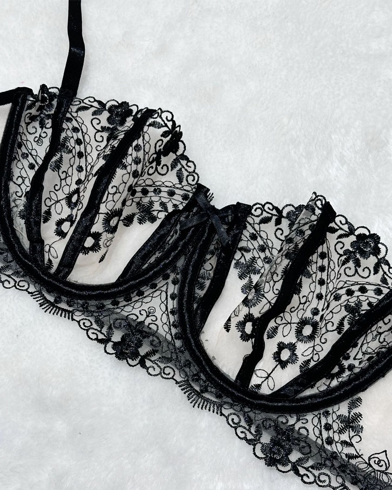 Floral Embroidery Sheer Mesh Lingerie Set