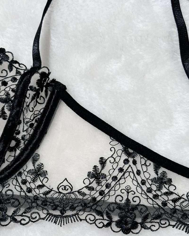 Floral Embroidery Sheer Mesh Lingerie Set