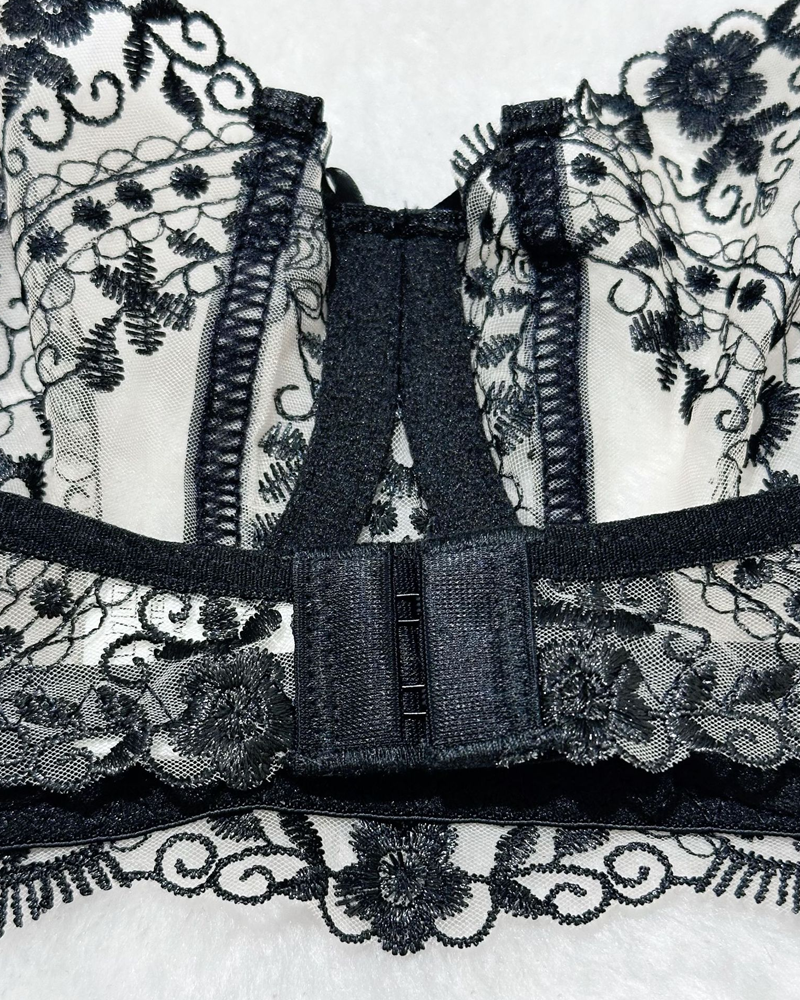 Floral Embroidery Sheer Mesh Lingerie Set