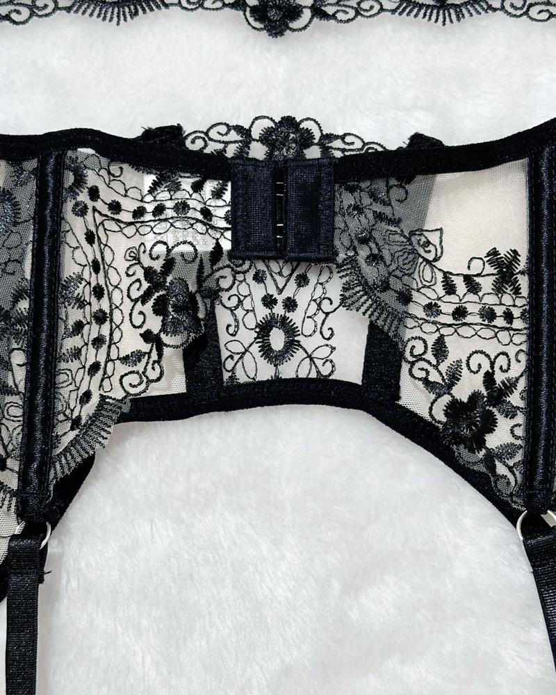 Floral Embroidery Sheer Mesh Lingerie Set