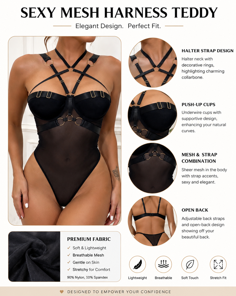 Mesh Halter Backless Strappy Push-Up Teddy Bodysuit