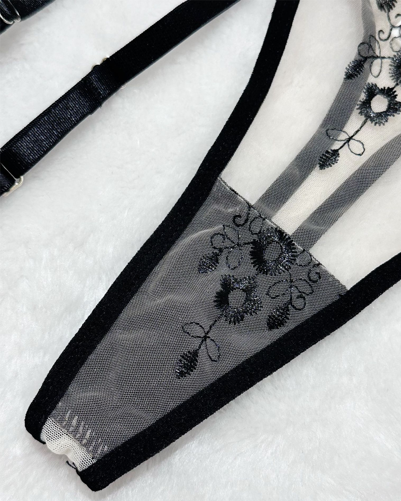 Floral Embroidery Sheer Mesh Lingerie Set