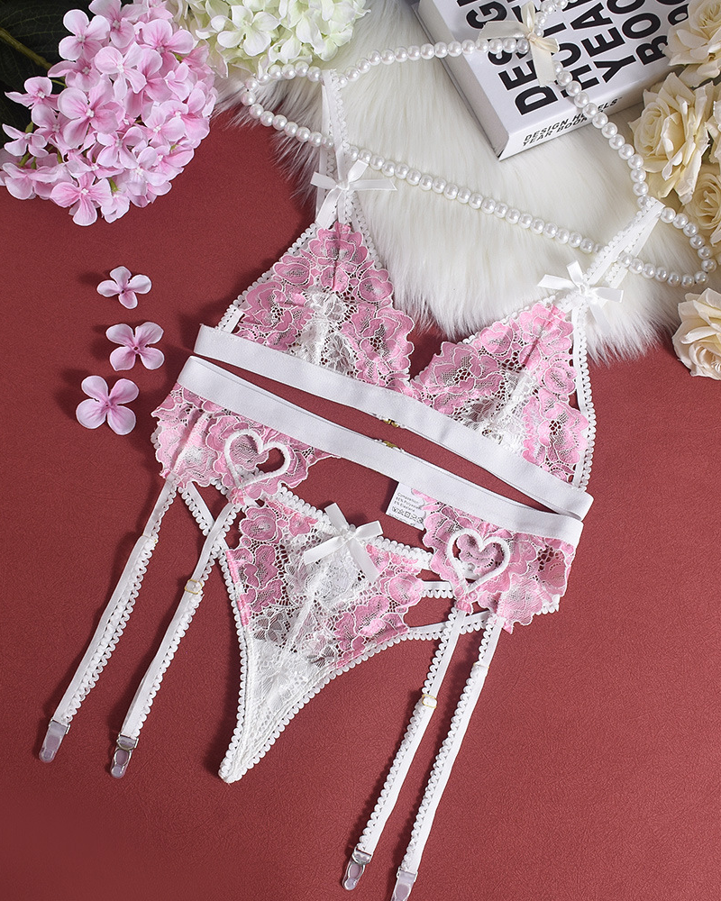 Embroidered Lace Heart Cut-Out Lingerie Set