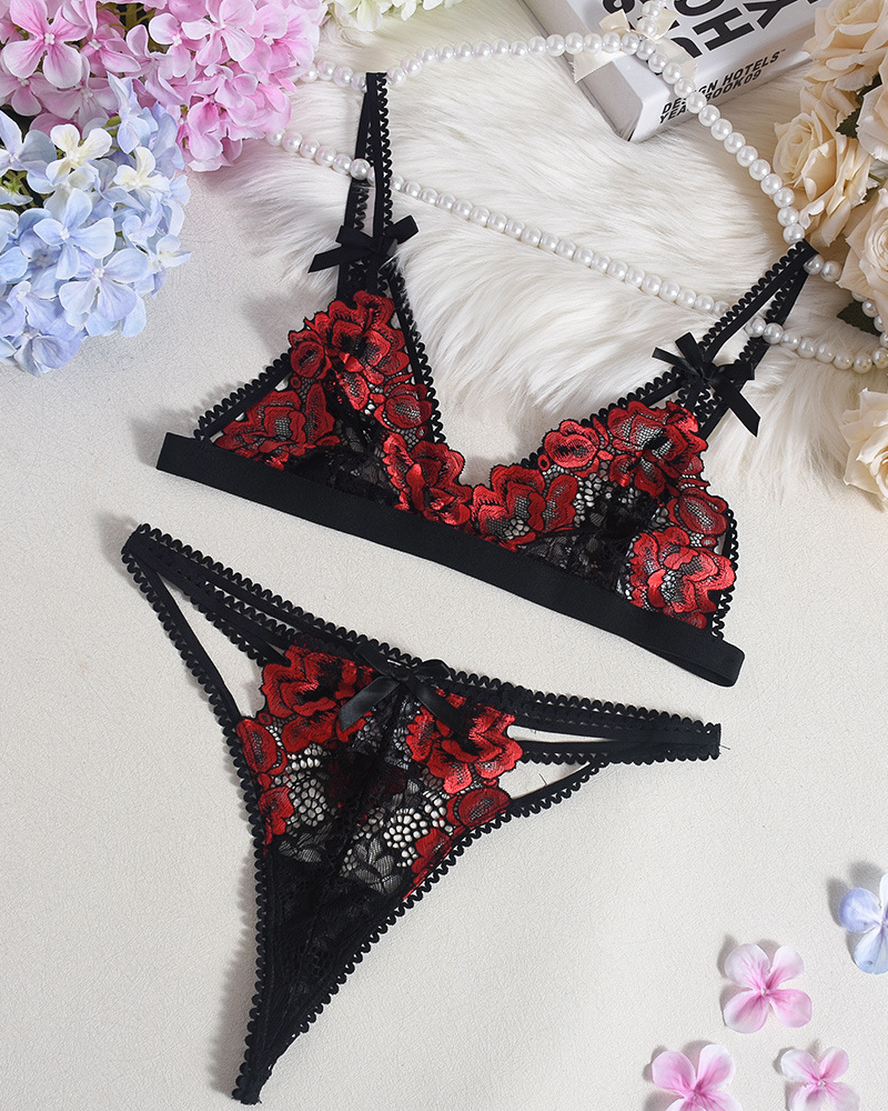 Embroidered Lace Heart Cut-Out Lingerie Set
