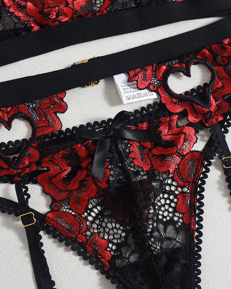 Embroidered Lace Heart Cut-Out Lingerie Set