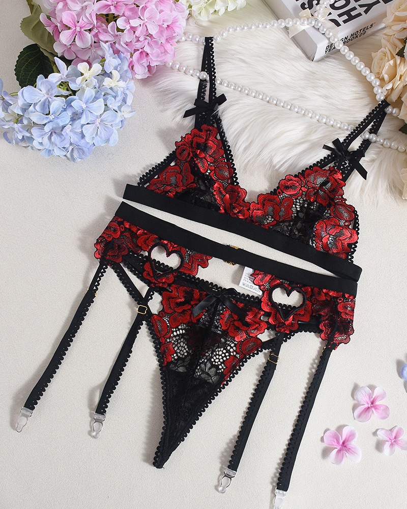 Embroidered Lace Heart Cut-Out Lingerie Set