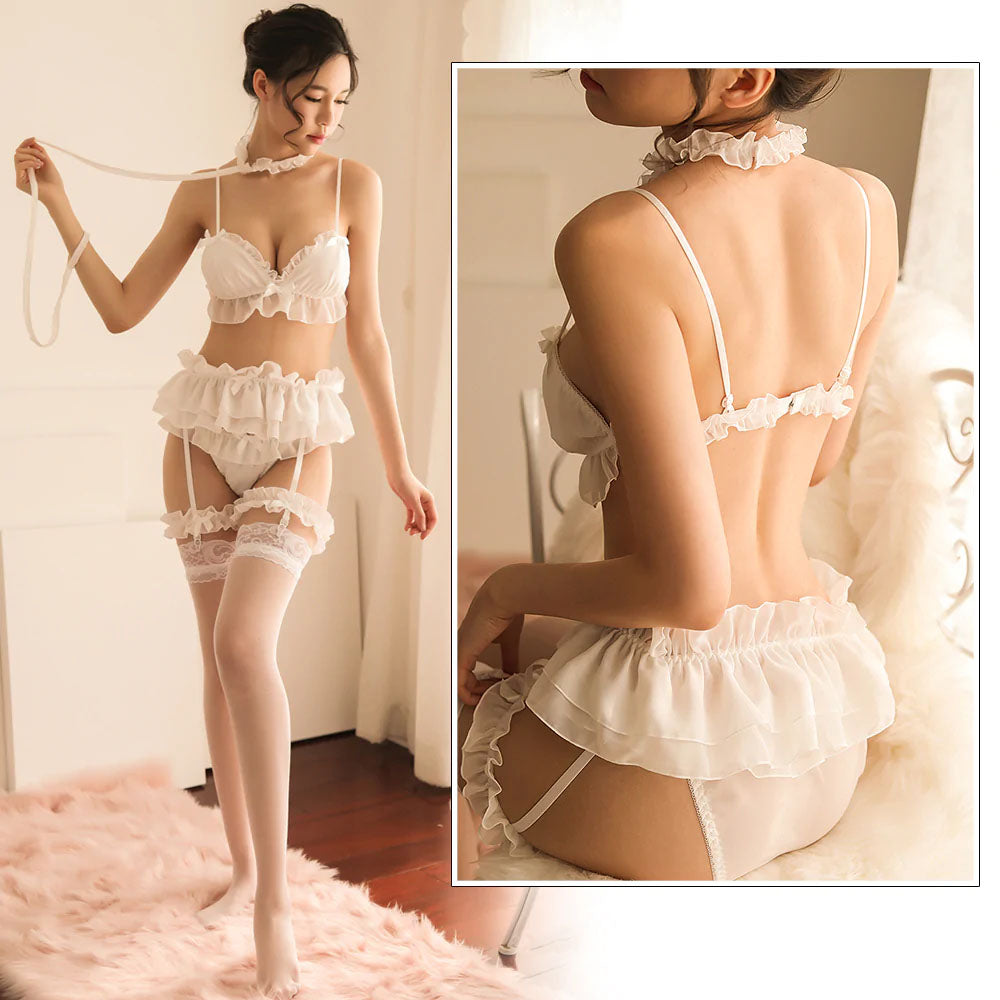Lingerie Costume Chiffon Ruffle Strappy Outfit with Choker
