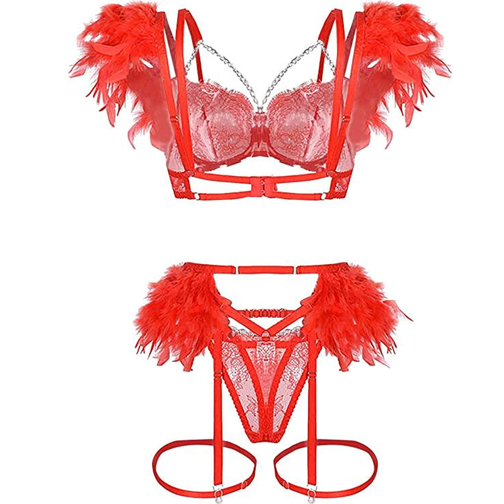 Strappy Eyelash Lace Lingerie Set Metal Chain Feather Garter Belt Set