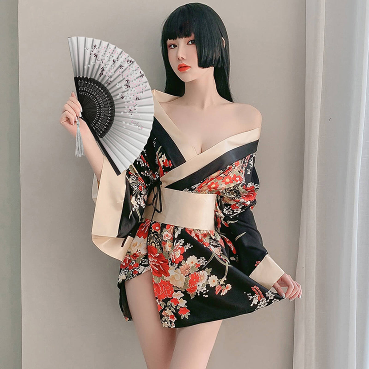 2 Colors Women's Traditional Japanese Yukata Kimono Flower Print Short Kimono Cosplay Costume
