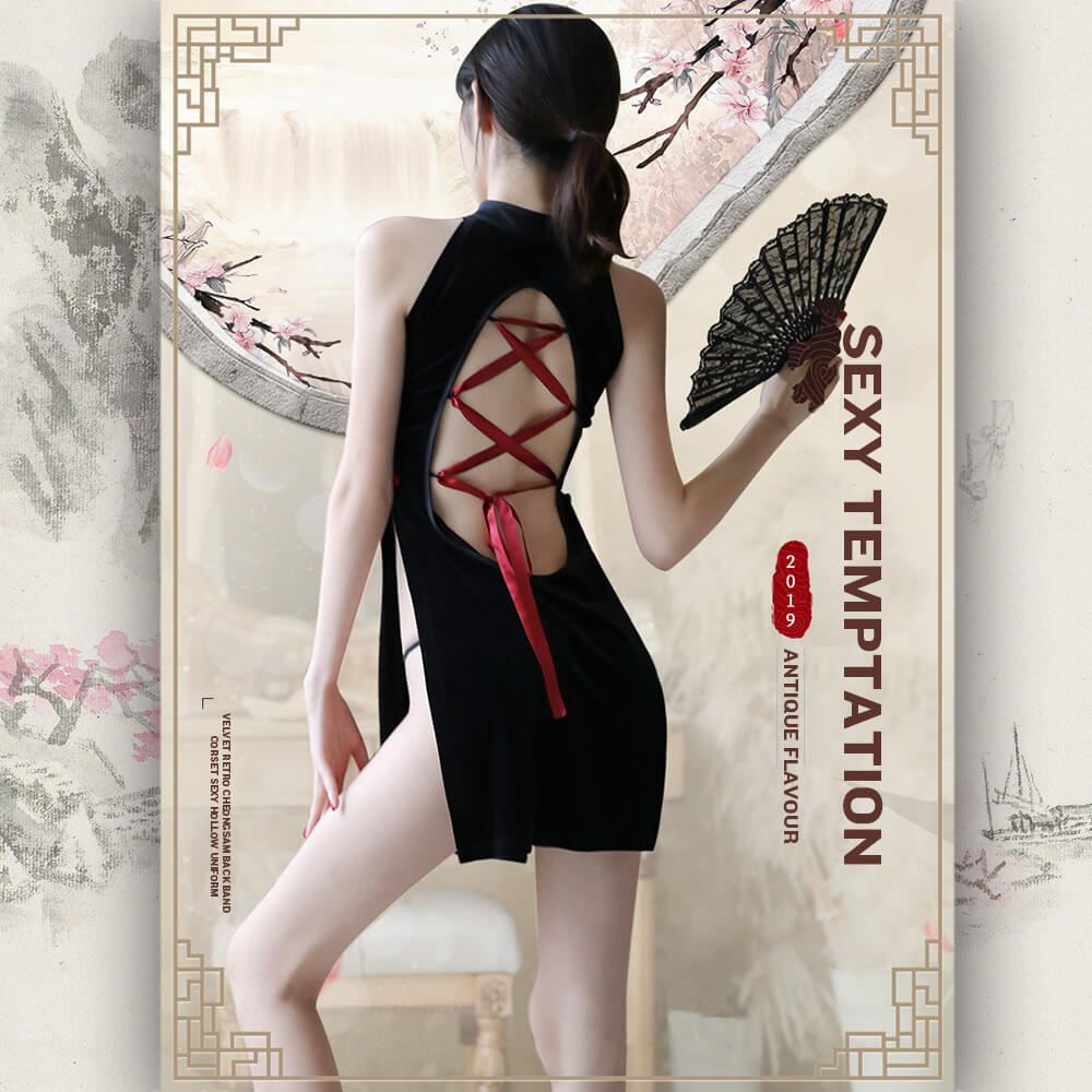 Hot Cheongsam Side Split Velvet Cross Straps Back Lingerie Costume