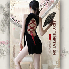 Hot Cheongsam Side Split Velvet Cross Straps Back Lingerie Costume