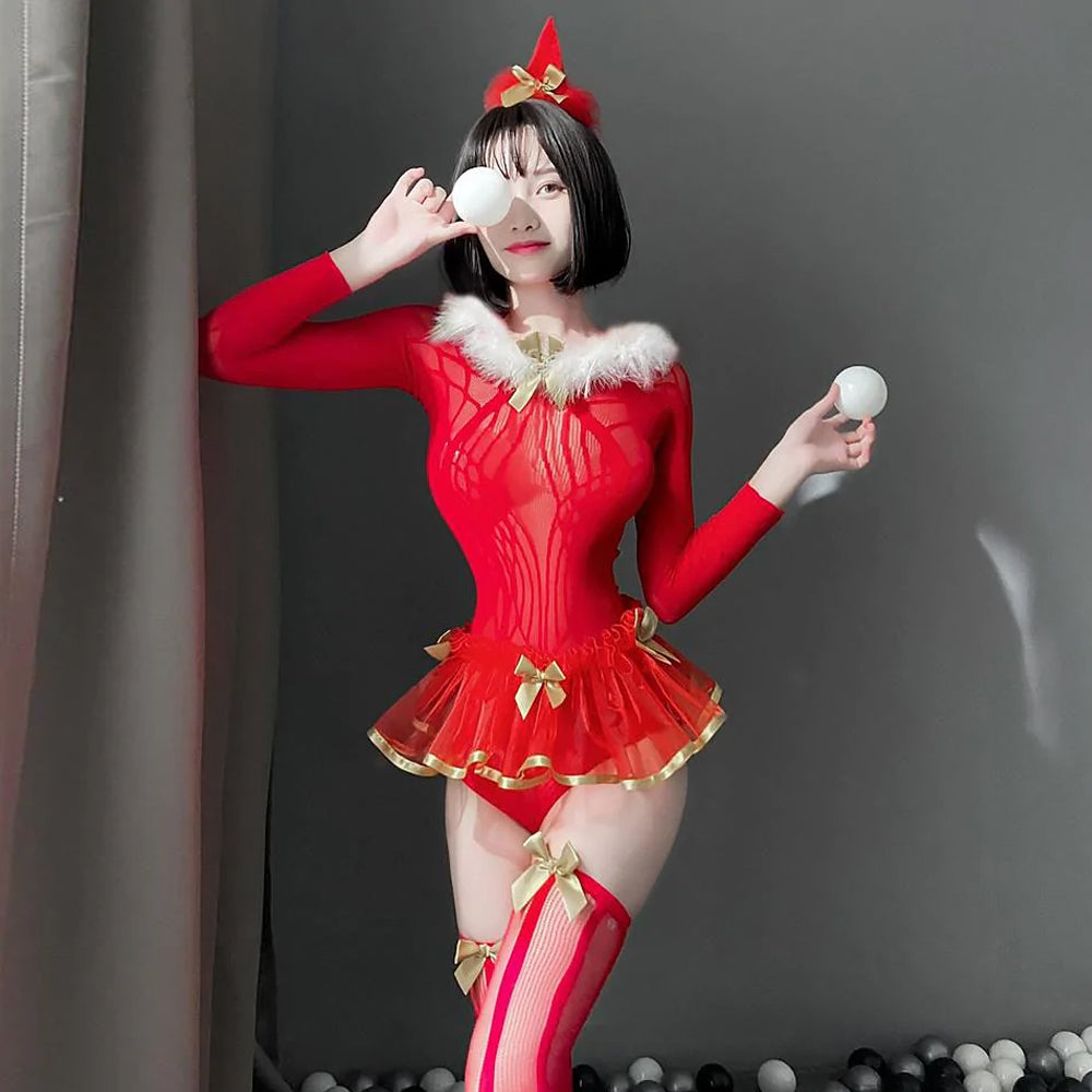 Christmas Bodysuit Mrs Claus Fishnet Lingerie Red Long Sleeve Backless Cosplay Costume