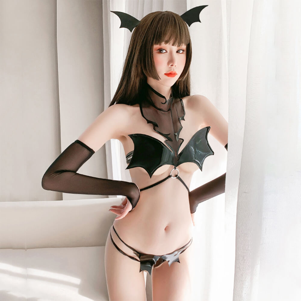 Succubus Devil Bat Lingerie Demon Leather Micro Bikini Bra and Panty Set