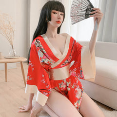 2 Colors Women's Traditional Japanese Yukata Kimono Flower Print Short Kimono Cosplay Costume