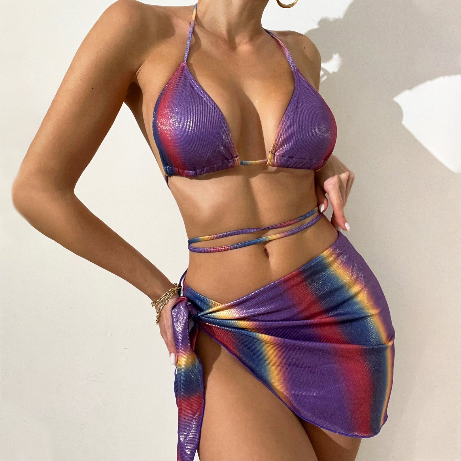 3 Piece String Bikini Set Rainbow Ombre Bathing Suits Holographic Swimsuit with Cover Up Shirt