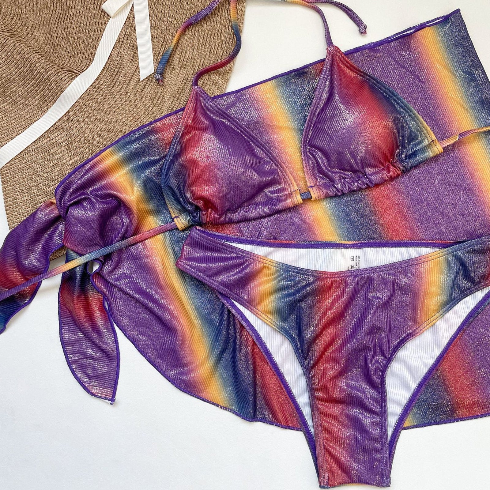 3 Piece String Bikini Set Rainbow Ombre Bathing Suits Holographic Swimsuit with Cover Up Shirt