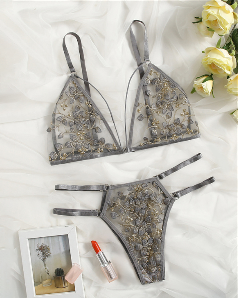 3D Floral Embroidery Bra Set