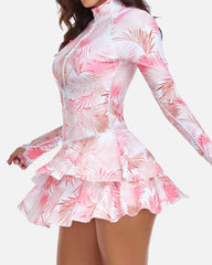 Beach Vacation Print UPF50+ Ruffled Skirt Long Sleeve One-Piece Swimsuit
