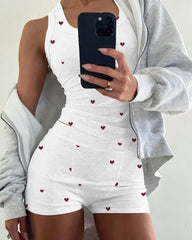 Women's Heart Pattern U Neck Tank Top and Casual Elastic Waist Shorts 2-Piece Set