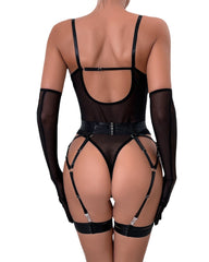 See-Through Mesh Splicing Low-Cut Bodysuit With Gloves Three-Piece Set