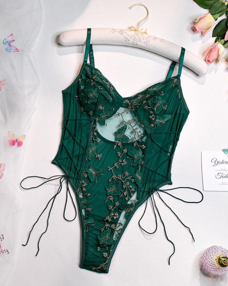 Women's Mesh Butterfly Embroidery Open Back Bodysuit