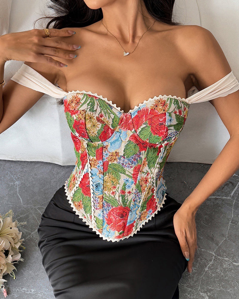 Retro Jacquard Palace Style Wrapped Chest Herringbone Top