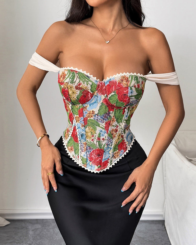 Retro Jacquard Palace Style Wrapped Chest Herringbone Top