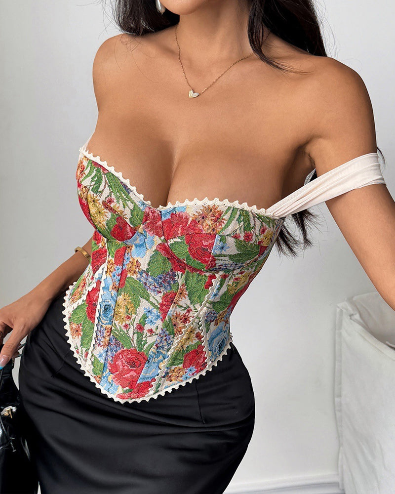 Retro Jacquard Palace Style Wrapped Chest Herringbone Top