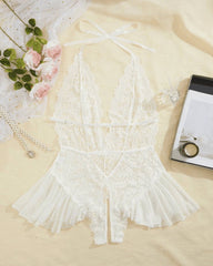 Hollow Lace See-through Suspenders Open Crotch One-piece Pajamas