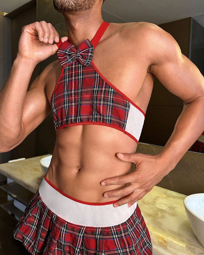 Men's JK Uniform Plaid Off-the-Shoulder Vest and Pleated Skirt Set