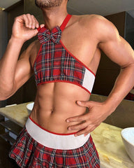 Men's JK Uniform Plaid Off-the-Shoulder Vest and Pleated Skirt Set
