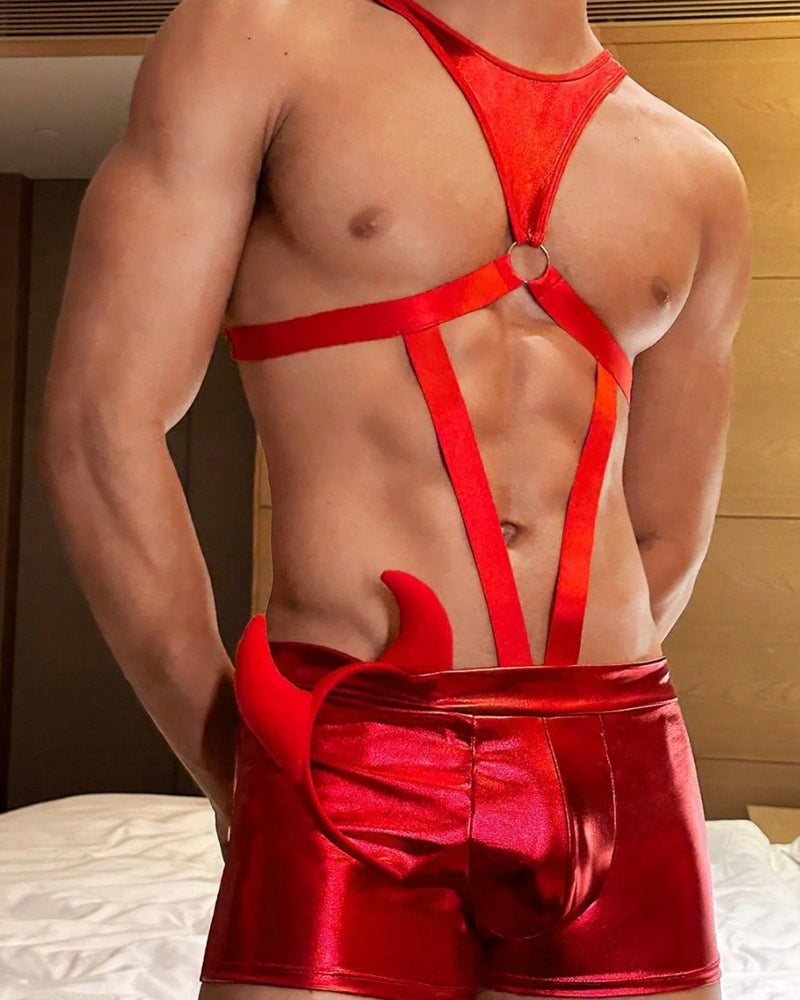 Men's Hollow Bandage Top Tight Leather Shorts Devil Horn Headdress Lingerie Set