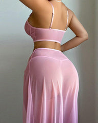 See-through Mesh High-slit Long Skirt Pajama Set