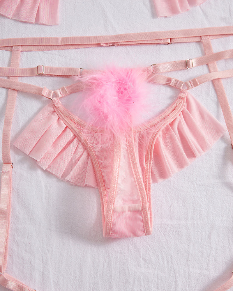 Plush Ball Pleated Skirt See-through Mesh Underwear Set