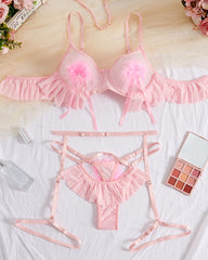 Plush Ball Pleated Skirt See-through Mesh Underwear Set