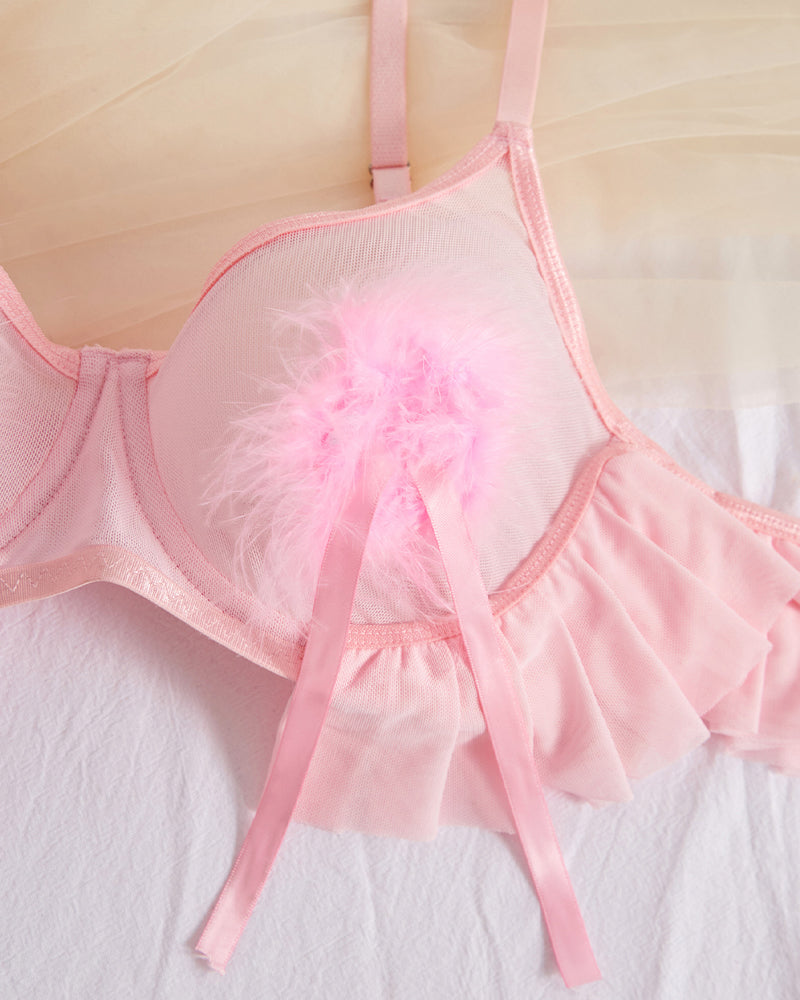 Plush Ball Pleated Skirt See-through Mesh Underwear Set