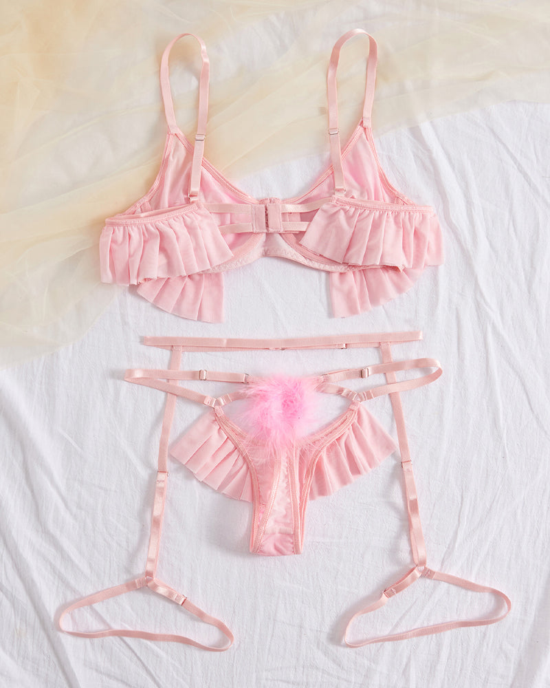 Plush Ball Pleated Skirt See-through Mesh Underwear Set