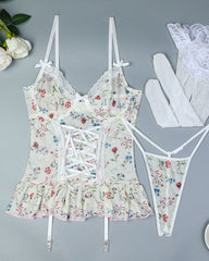 Floral Lace Stitching Stretch Mesh Pajamas and Stockings Set