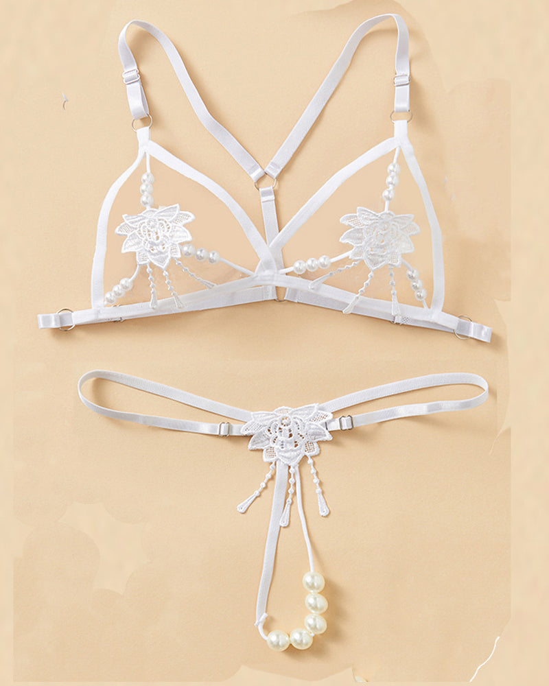 Women's Three-point Hollow Pearl Massage Underwear Set