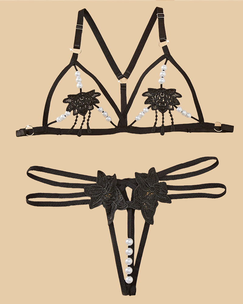 Women's Three-point Hollow Pearl Massage Underwear Set