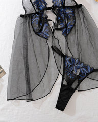Mesh Flower Embroidery See-Through Suspender Pajamas
