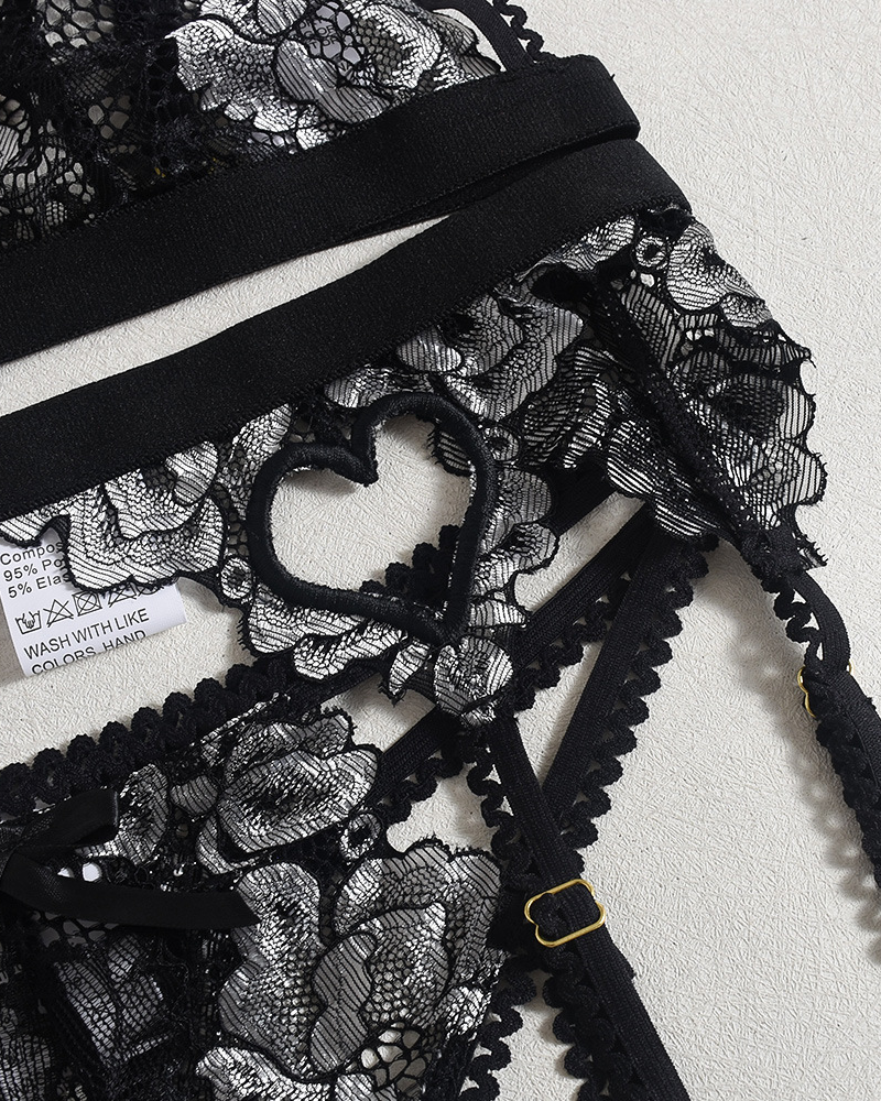 Embroidered Lace Heart Cut-Out Lingerie Set