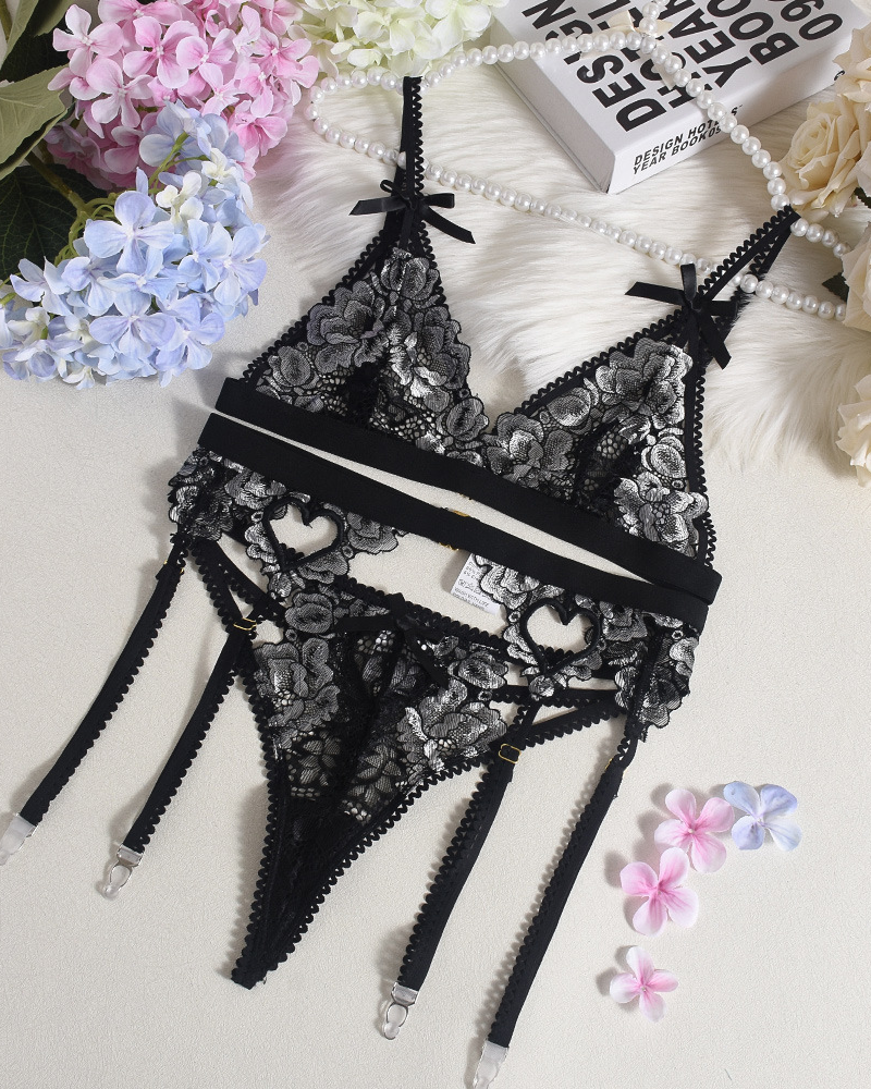 Embroidered Lace Heart Cut-Out Lingerie Set