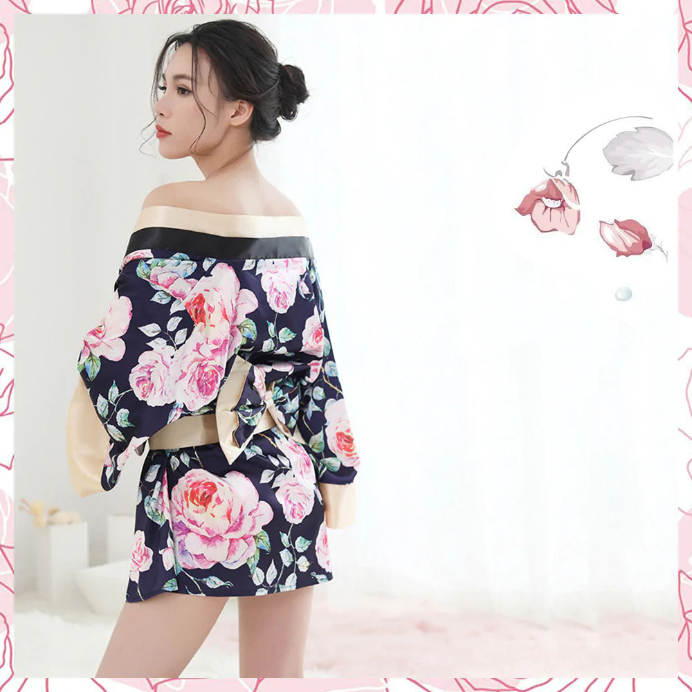 Japanese Kimono Lingerie for Women Deep V Floral Bathrobe Anime Cosplay Costume