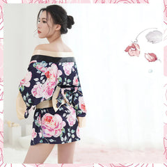 Japanese Kimono Lingerie for Women Deep V Floral Bathrobe Anime Cosplay Costume