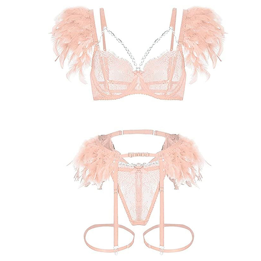 Strappy Eyelash Lace Lingerie Set Metal Chain Feather Garter Belt Set