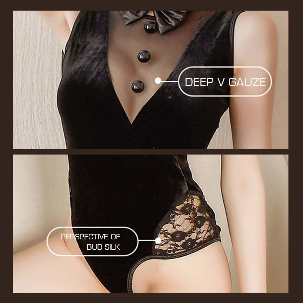 Ainme Lingerie Bunny Cosplay Velvet Deep V Jumpsuit Costume